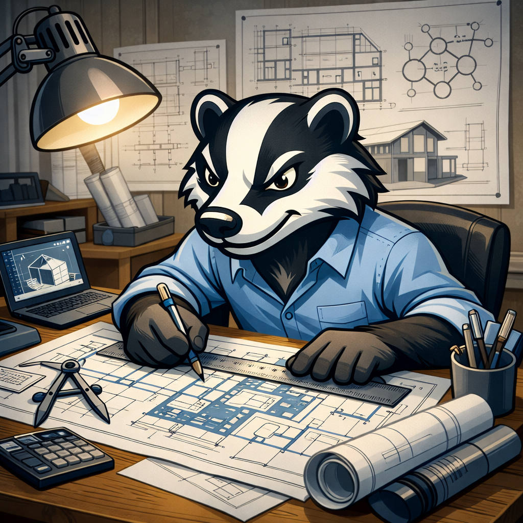 Badger mascot drawing wearing a hard hat and carrying Wi-Fi tools